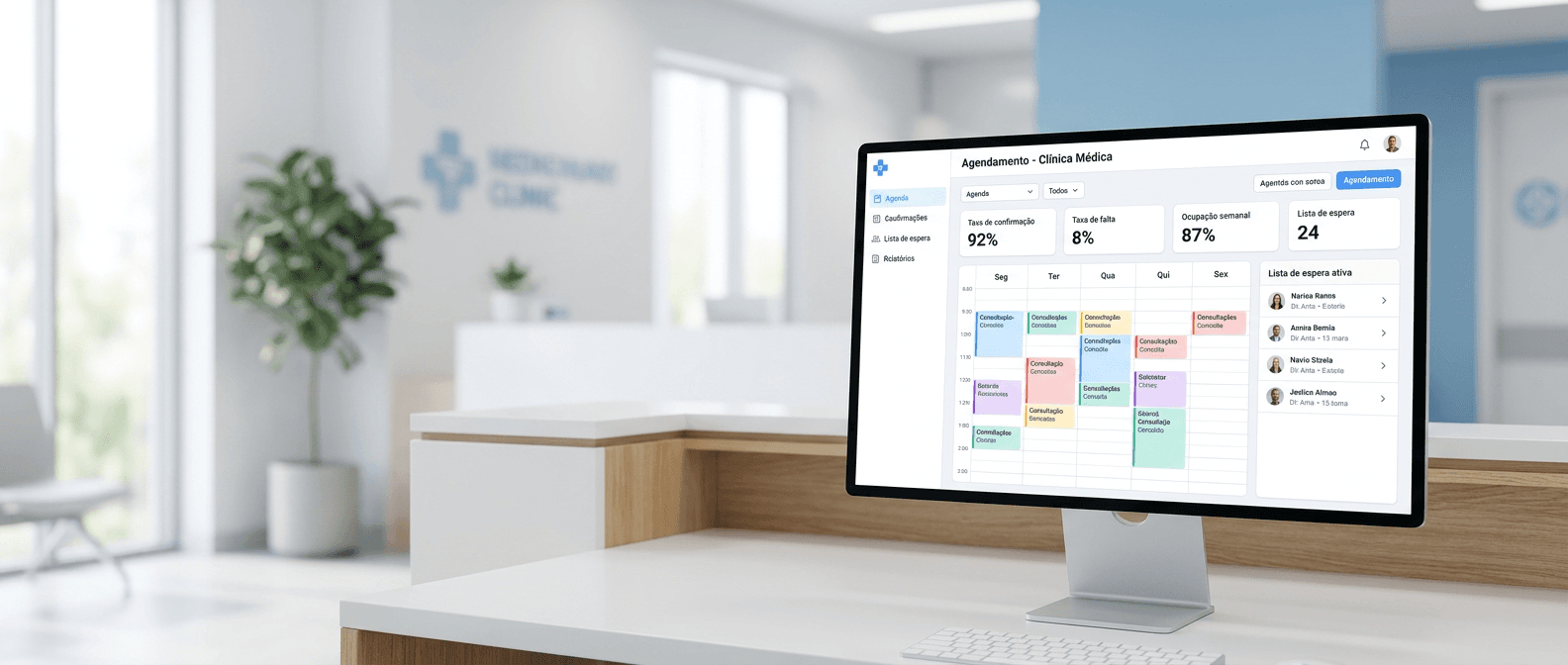 Recepção de clínica médica com dashboard de agendamento mostrando taxa de confirmação, lista de espera ativa e taxa de falta por período
