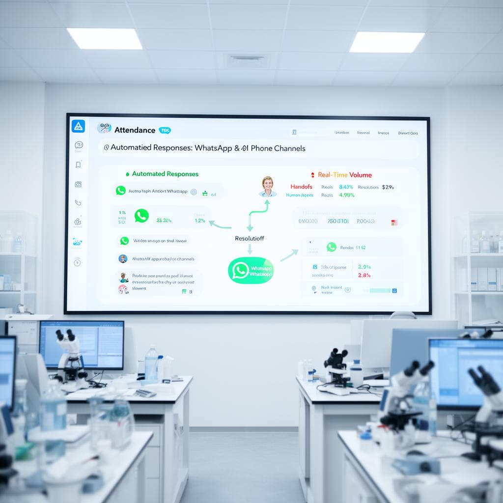 Painel de atendimento com IA em laboratório mostrando conversas integradas por canal com transferência para atendente humano e indicadores de resolução em tempo real