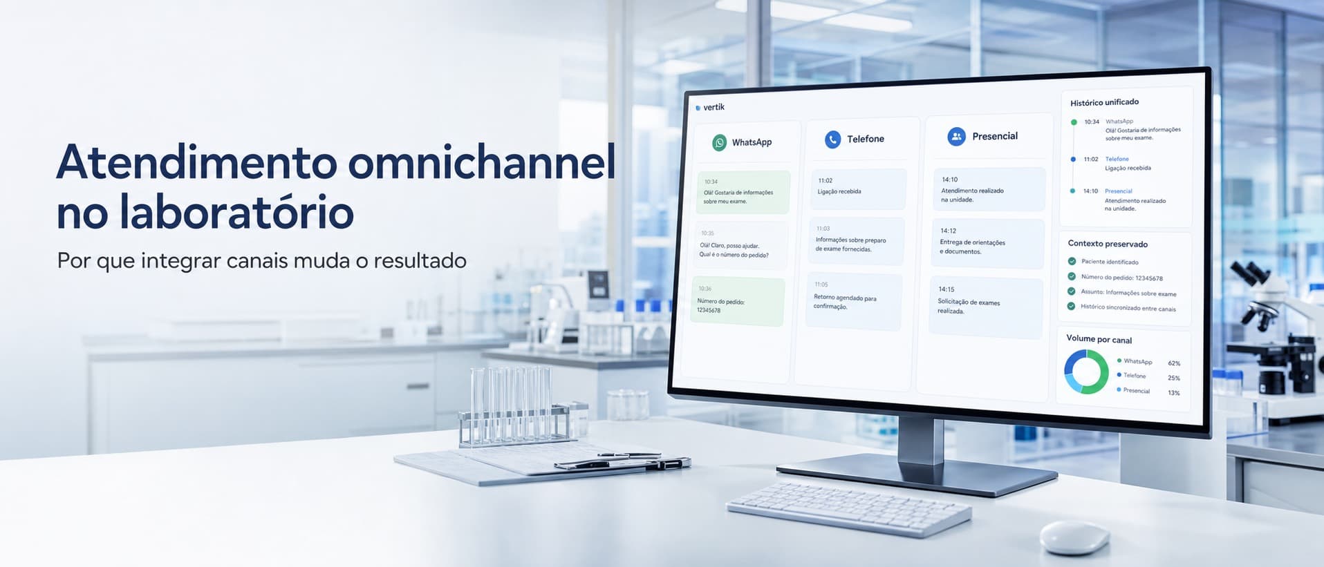 Dashboard de laboratório mostrando histórico unificado de atendimento por paciente com conversas de WhatsApp, telefone e presencial integradas em uma única interface