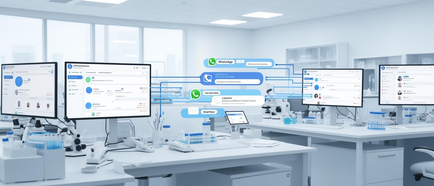 Painel de atendimento de laboratório mostrando múltiplos canais integrados com histórico unificado do paciente