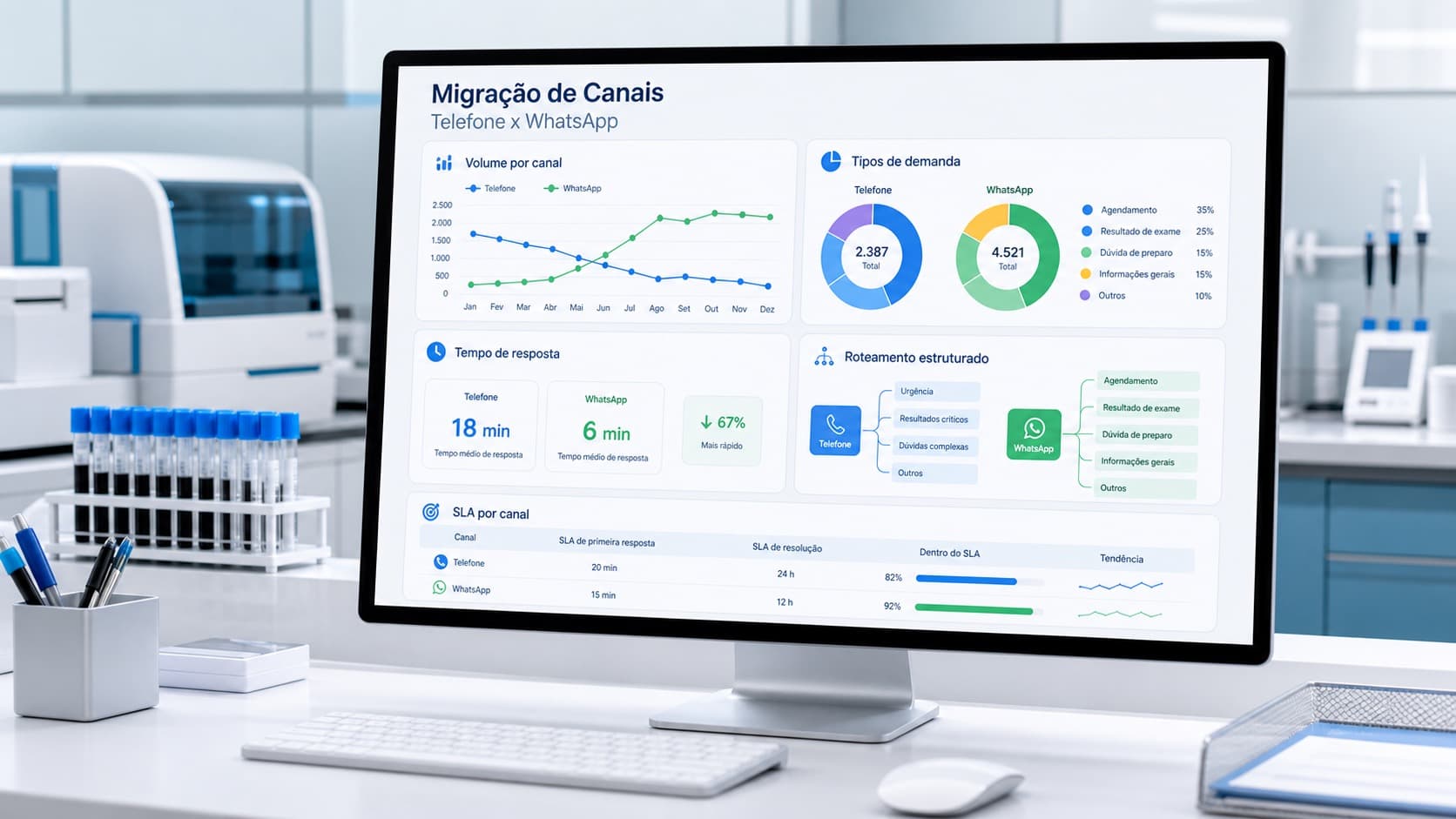 Dashboard de laboratório mostrando volume comparativo entre atendimento telefônico e WhatsApp com tendência de migração, SLA por canal e distribuição de tipos de demanda