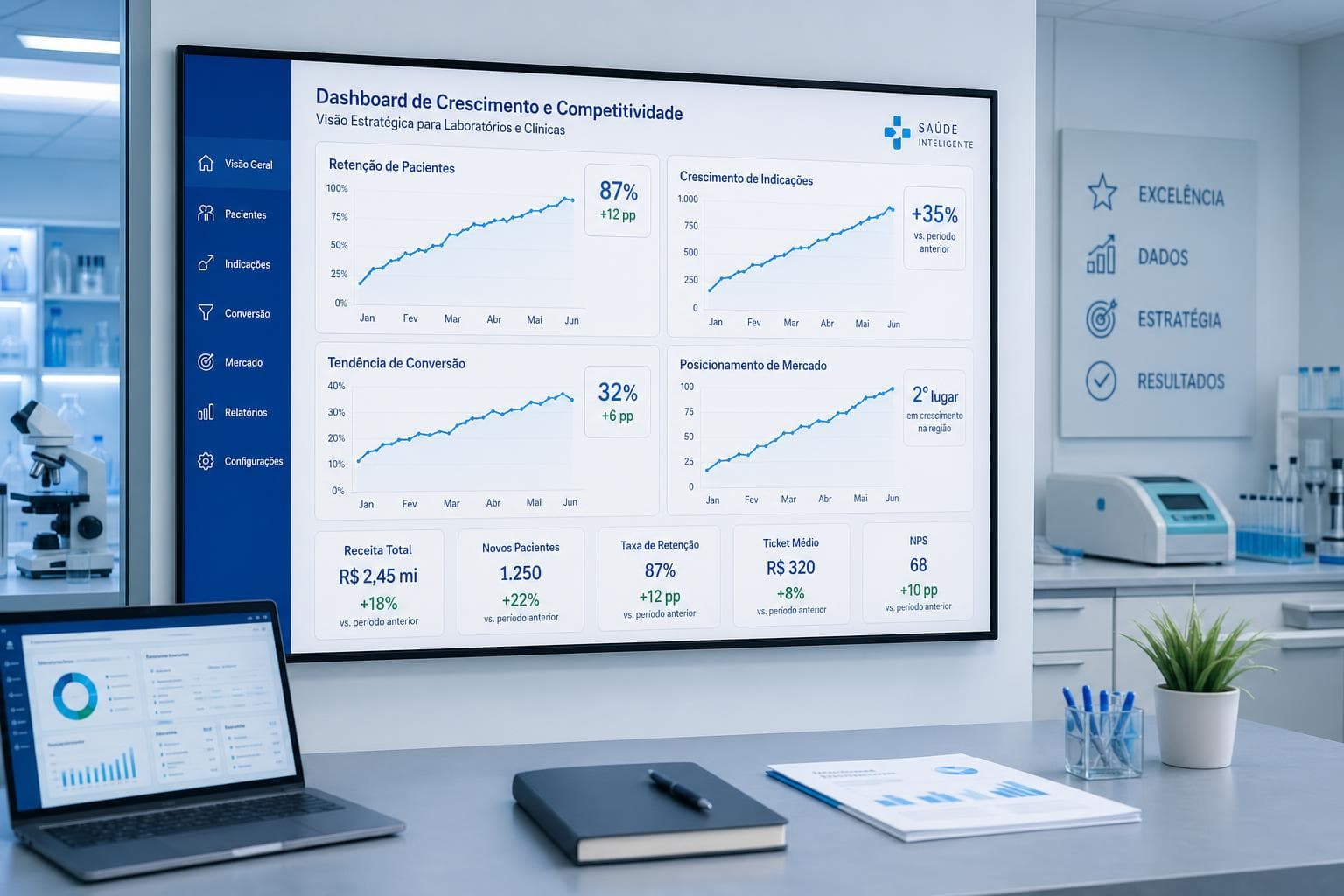 Gestor de laboratório ou clínica analisando dashboard de crescimento com indicadores de conversão, retenção de pacientes e vantagem competitiva por estrutura de atendimento