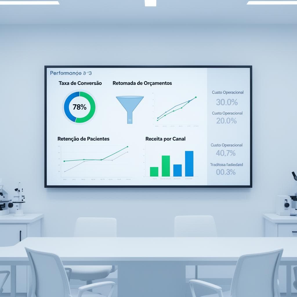Dashboard de call center de laboratório mostrando métricas comerciais com taxa de conversão de orçamentos e indicadores de receita por canal de atendimento