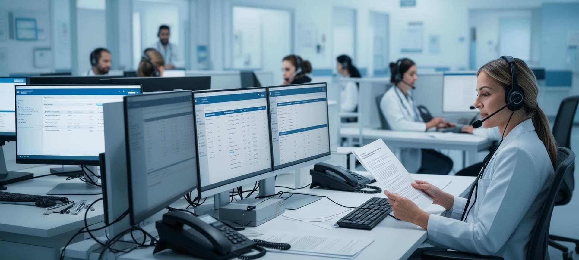 Equipe de call center atendendo clientes em ambiente estruturado para conversão