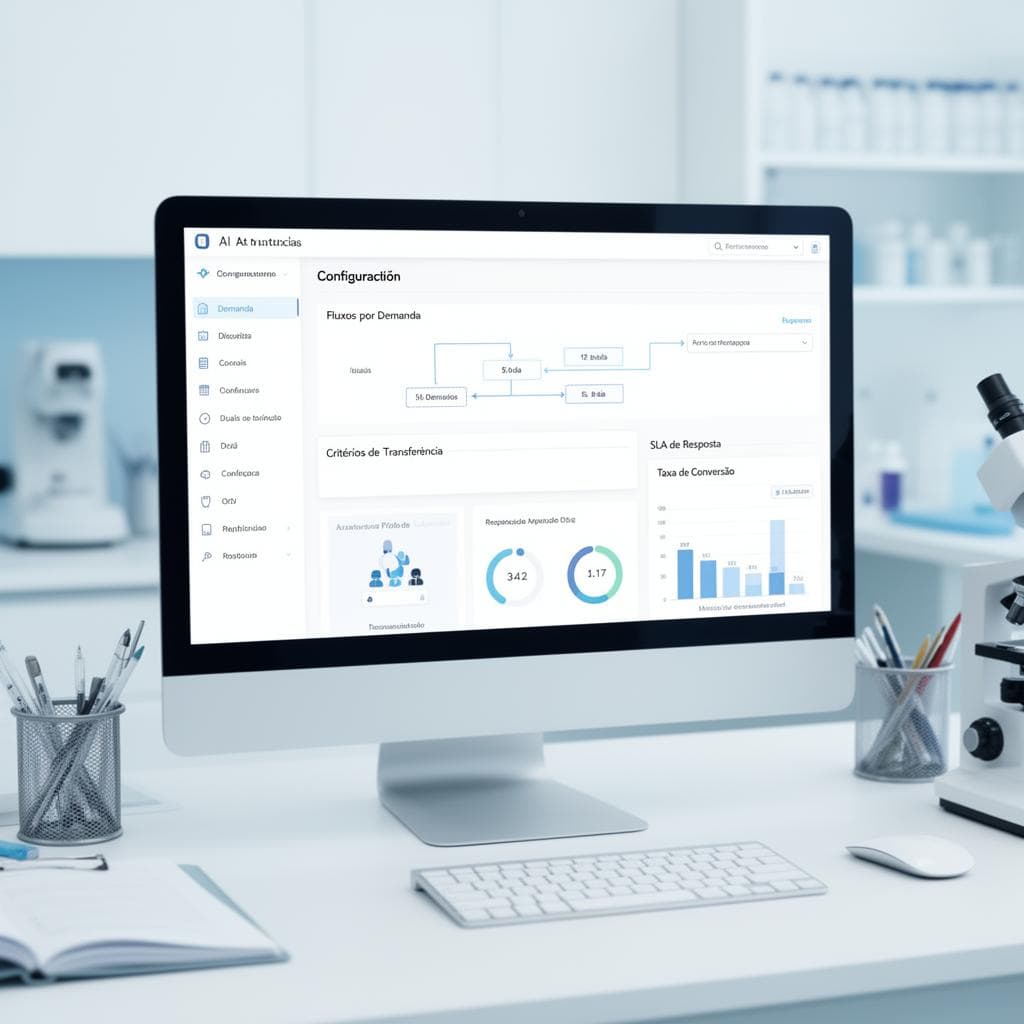 Gestor de laboratório analisando dashboard de IA de atendimento com métricas de configuração por tipo de demanda, SLA de resposta e taxa de conversão por canal