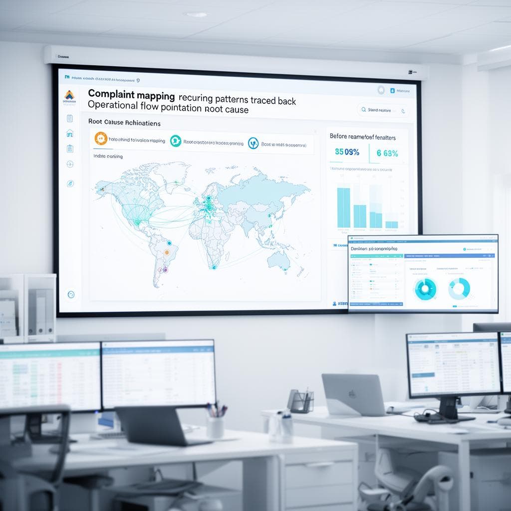 Dashboard de call center mostrando mapeamento de reclamações recorrentes com rastreamento de origem no fluxo operacional