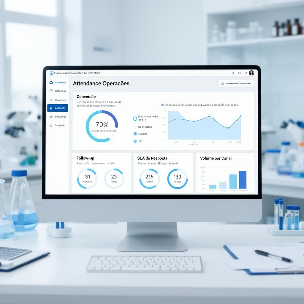 Gestor de laboratório analisando indicadores de atendimento em dashboard com métricas de conversão, volume de contatos por canal e SLA de resposta