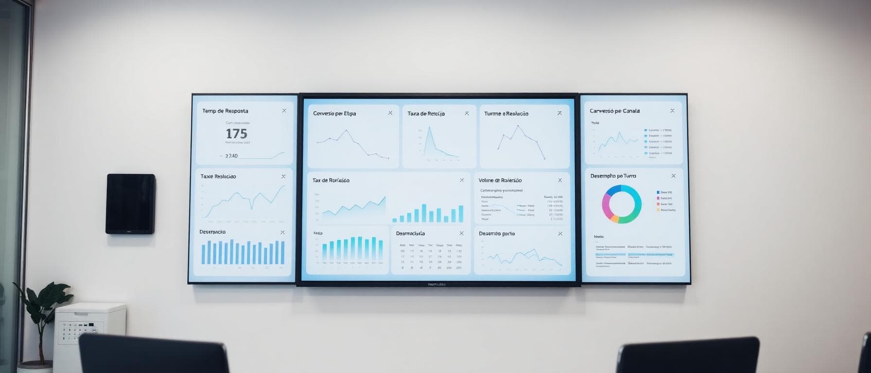 Dashboard de atendimento de laboratório mostrando visões integradas de tempo de resposta FCR conversão e distribuição por canal