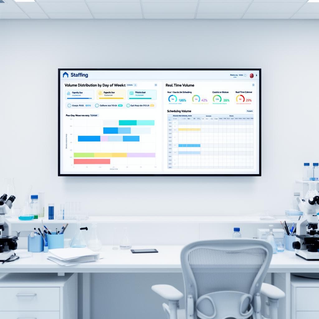 Painel de gestão de call center de laboratório mostrando distribuição de volume por canal e horário com indicadores de capacidade de atendimento por turno
