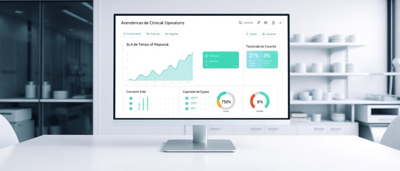 Dashboard de laboratório em crescimento mostrando volume de atendimento por canal, SLA de resposta, taxa de conversão e indicadores de qualidade em tempo real