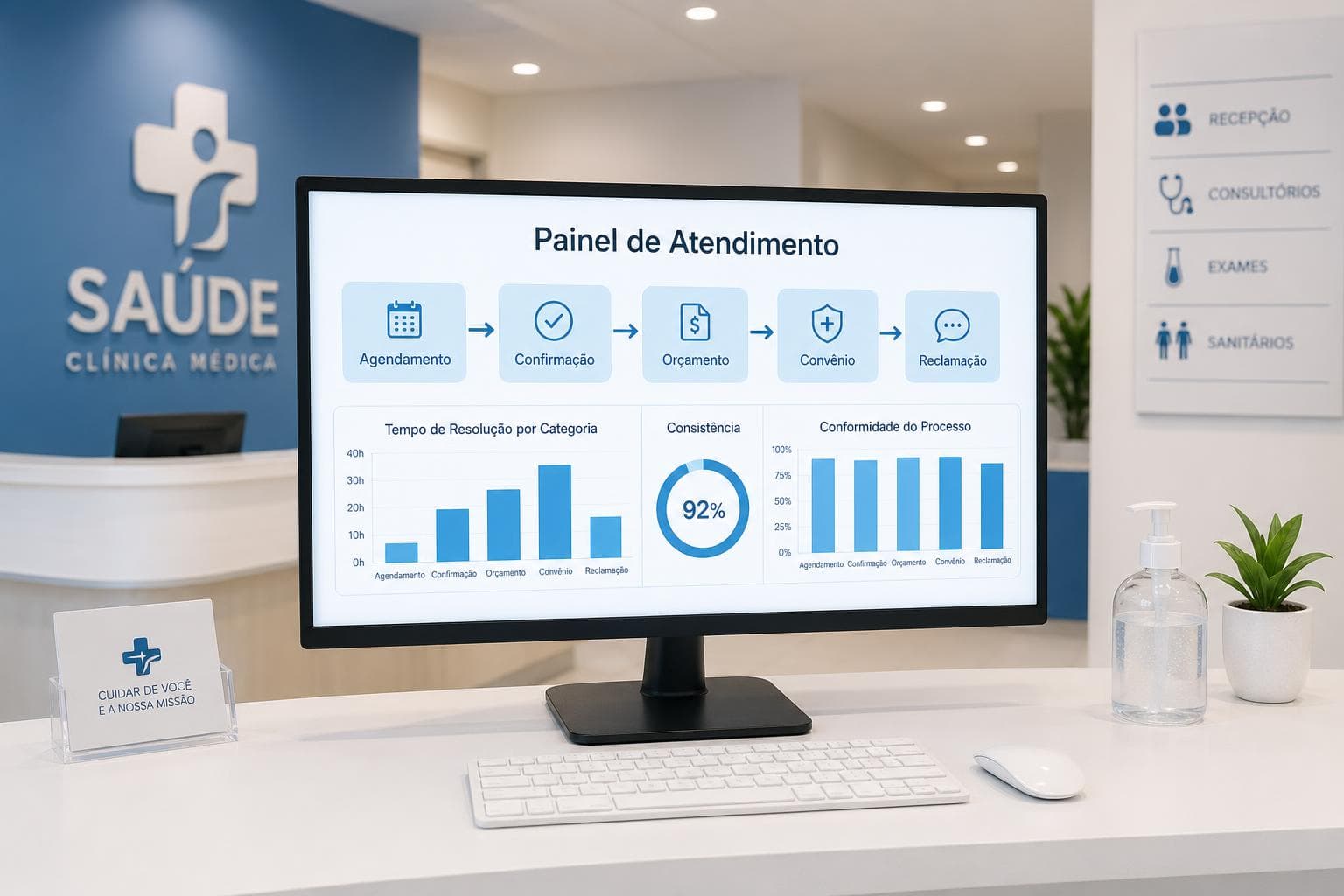 Recepção de clínica médica organizada com dashboard mostrando fluxos de atendimento por tipo de demanda, tempo de resolução e consistência de informação por canal