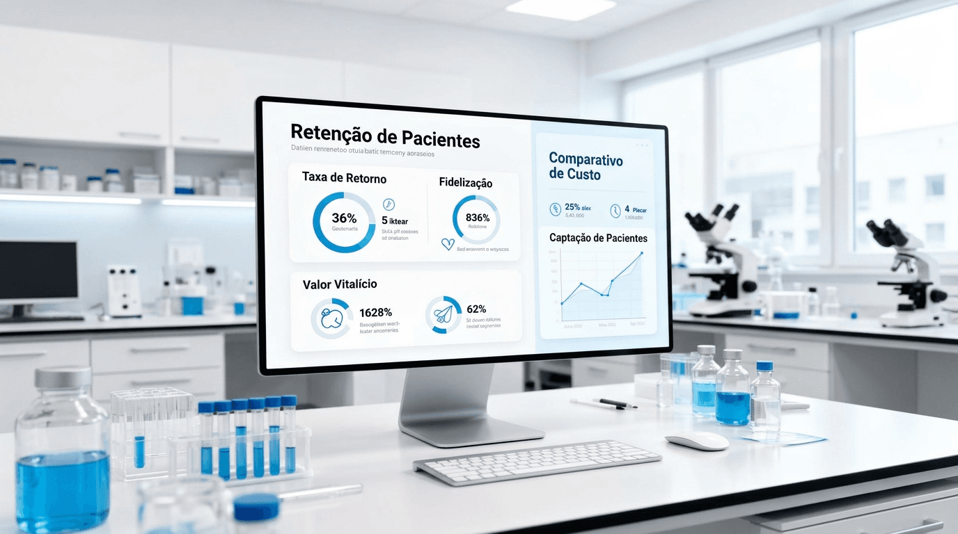 Dashboard de laboratório mostrando métricas de retenção de pacientes com taxa de retorno, LTV médio e indicadores de fidelização por canal de atendimento