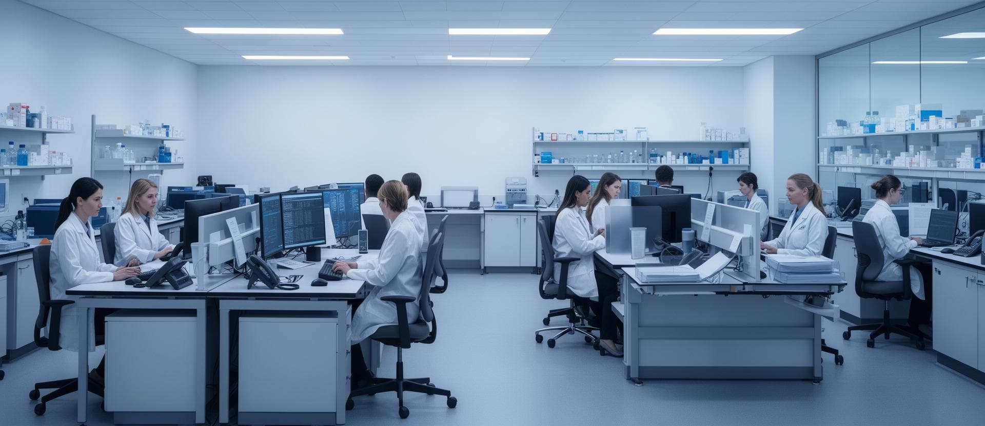 Equipe de call center em laboratório moderno organizando atendimento e sustentando a jornada do paciente.