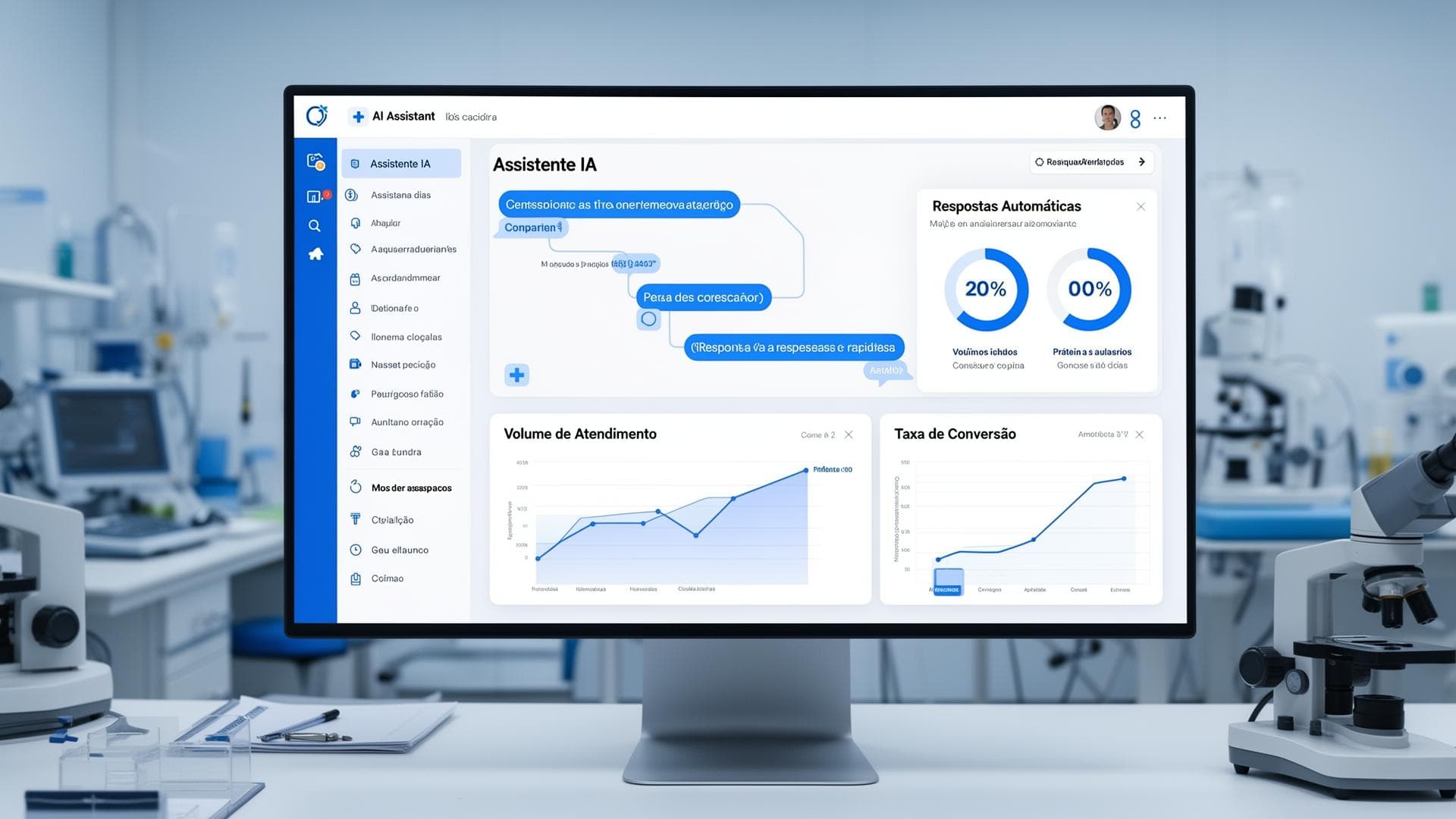 Laboratório moderno com dashboard de IA de atendimento mostrando métricas de conversão, volume por canal e performance em tempo real em múltiplas telas