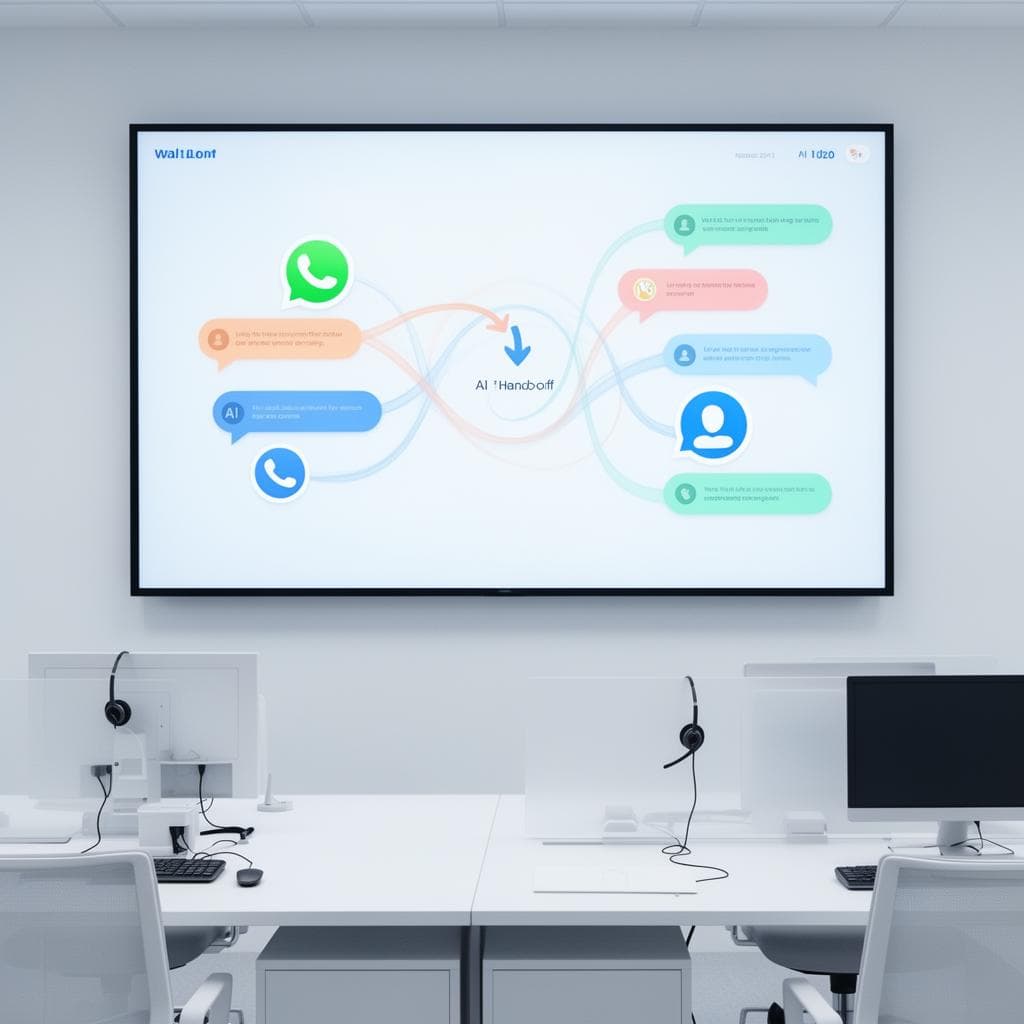 Tela de atendimento de laboratório com IA mostrando conversa contínua entre canais com transferência para atendente humano em momento de acolhimento ao paciente