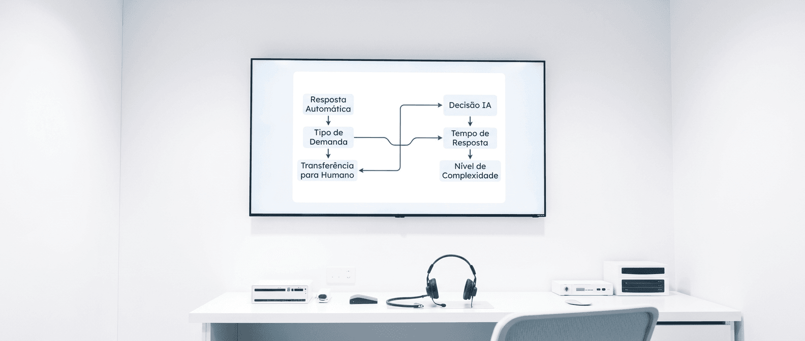 Dashboard de IA de atendimento mostrando fluxo de decisão entre automação e transferência para atendente humano com critérios de gatilho por tipo de demanda
