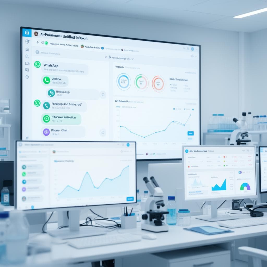 Tela de atendimento de laboratório mostrando painel integrado de IA com histórico de conversa por canal e indicadores de resolução em tempo real