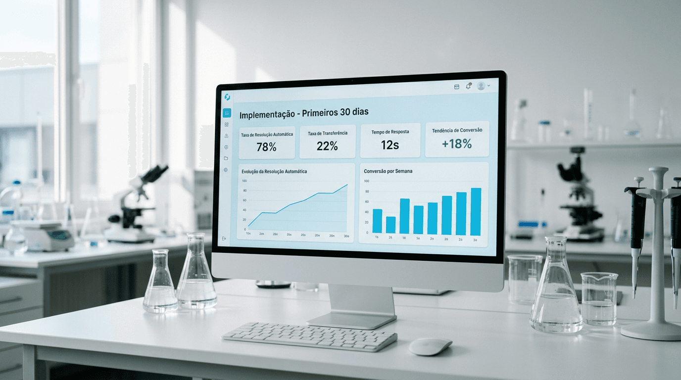 Gestor de laboratório acompanhando dashboard de implementação de IA no atendimento com indicadores de taxa de resolução automática, transferências e conversão nos primeiros 30 dias