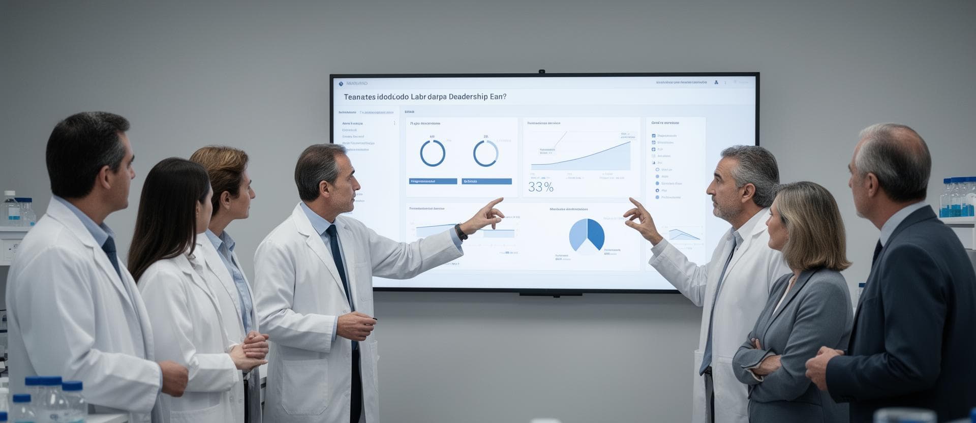Equipe de laboratório analisando indicadores de atendimento para tomada de decisão estratégica.
