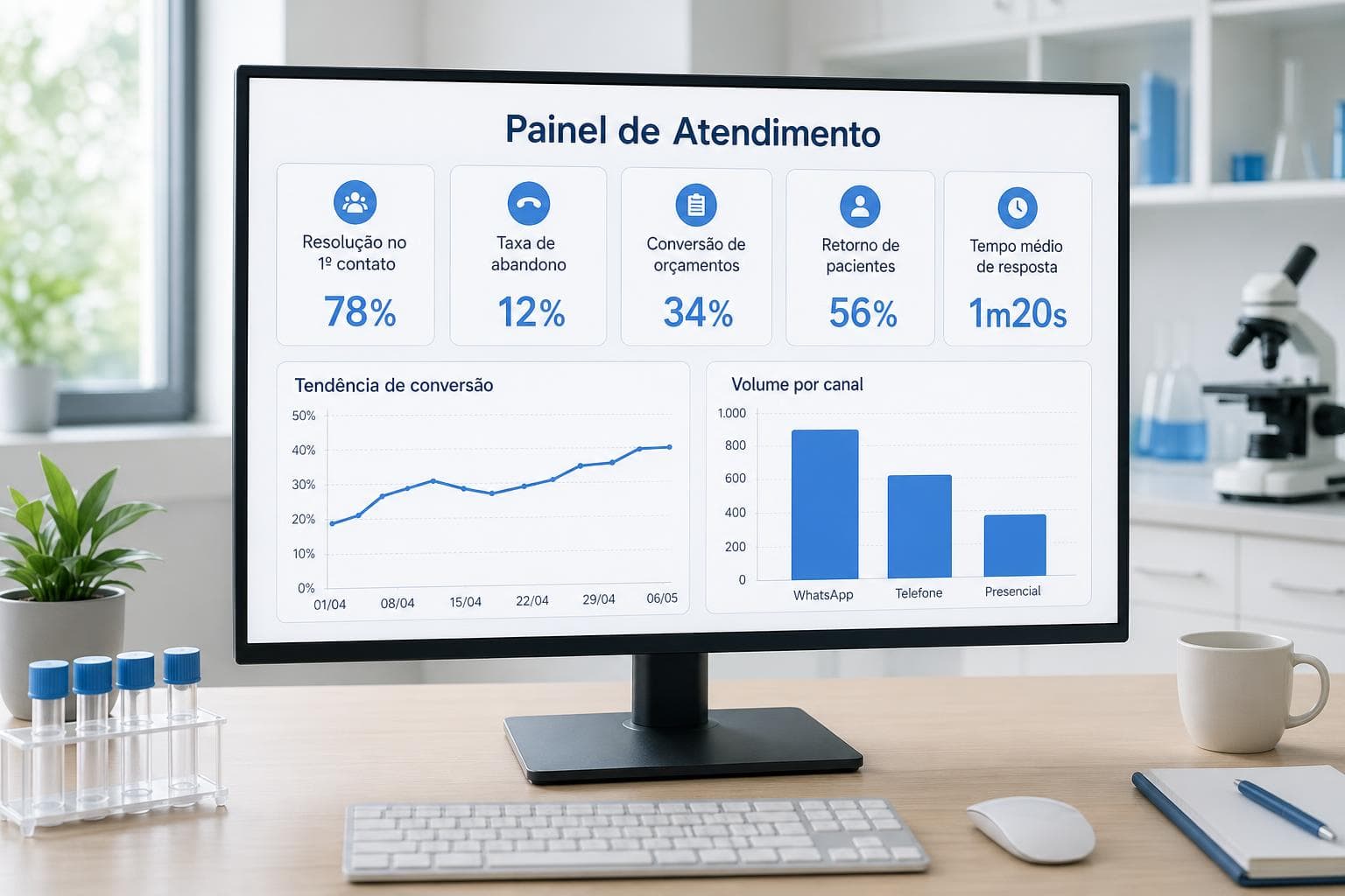 Gestor de laboratório analisando painel de indicadores de atendimento com taxa de resolução no primeiro contato, taxa de abandono por canal, conversão de orçamentos e tempo médio de resposta