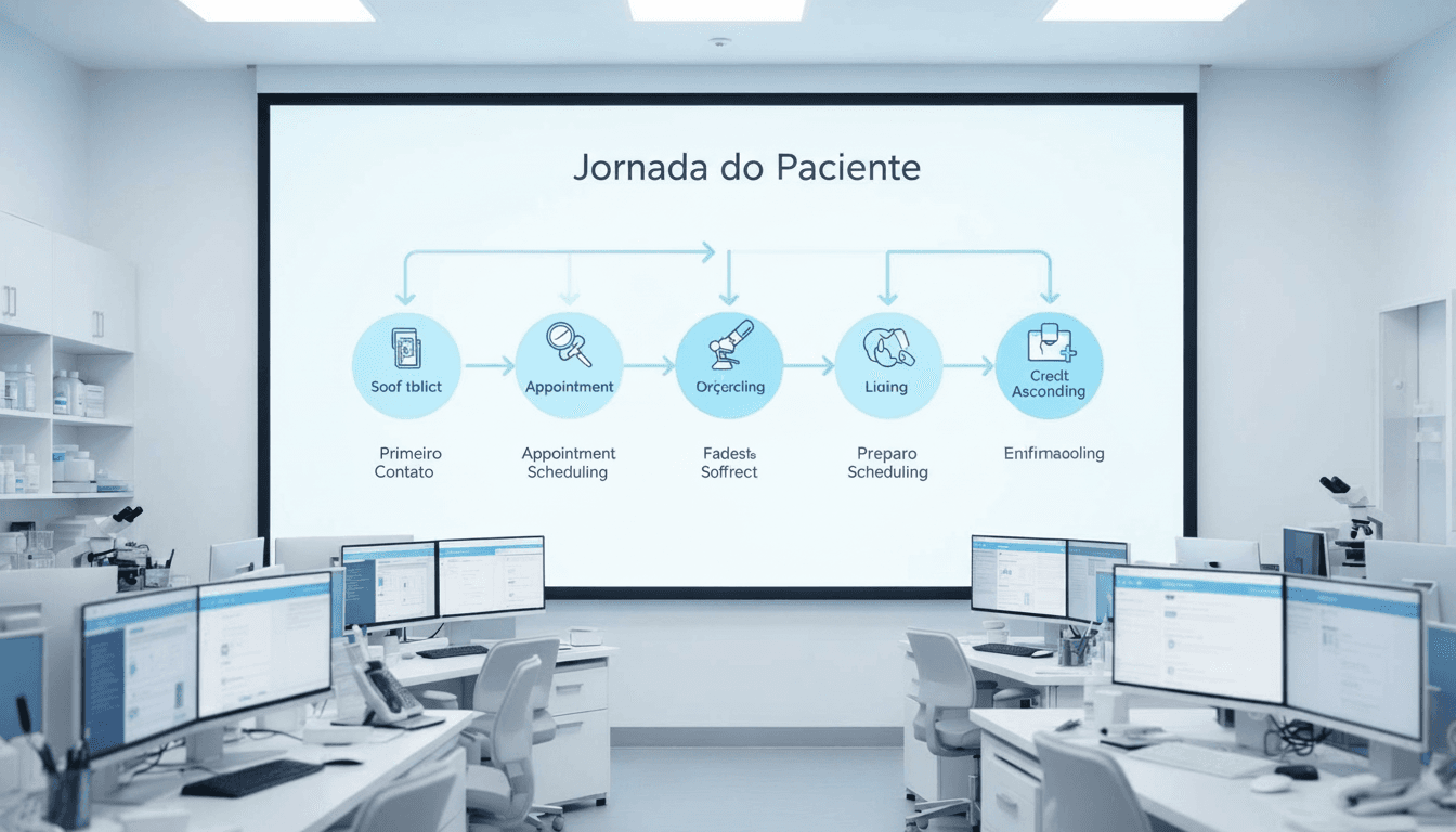 Mapa visual da jornada do paciente no atendimento de laboratório mostrando etapas do primeiro contato ao agendamento