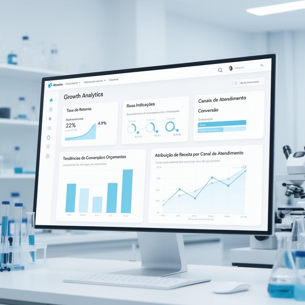 Gestor de laboratório analisando dashboard de crescimento com indicadores de taxa de conversão, taxa de retorno de pacientes, LTV e volume de indicações por período