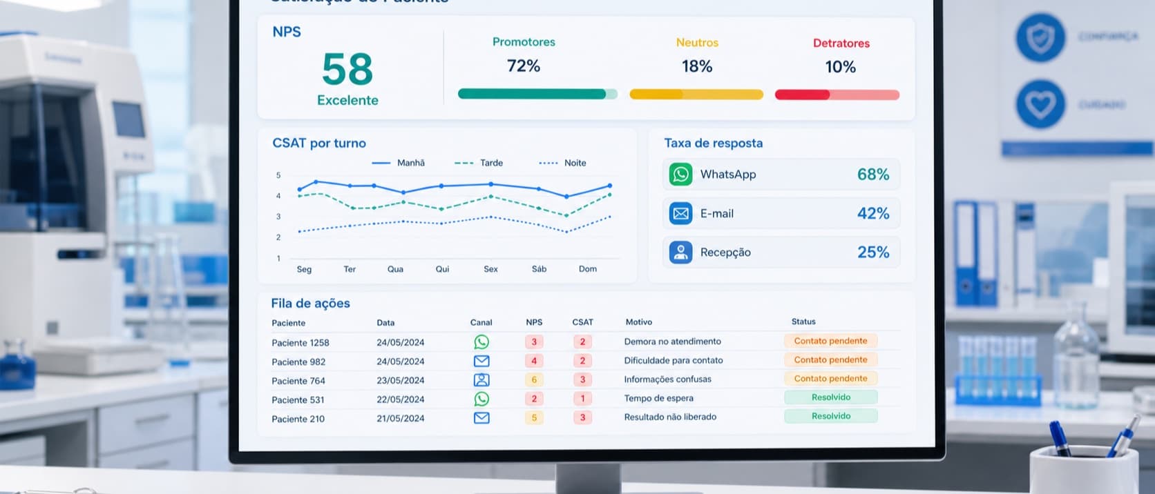 Dashboard de laboratório ou clínica mostrando NPS consolidado por período, CSAT por turno e atendente, e fila de fechamento de ciclo com pacientes detratores
