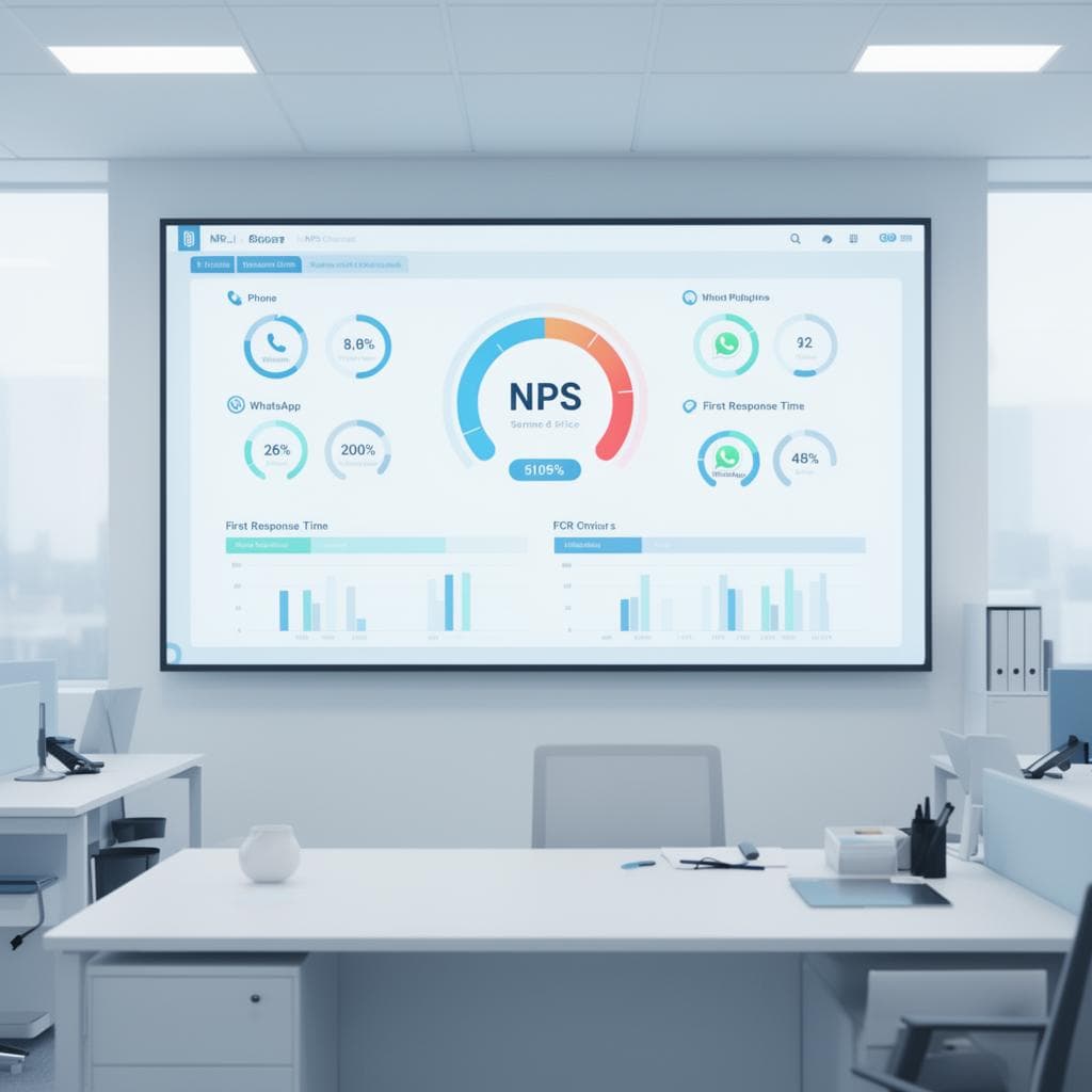 Dashboard de call center mostrando NPS segmentado por canal com cruzamento de FCR e tempo de primeira resposta