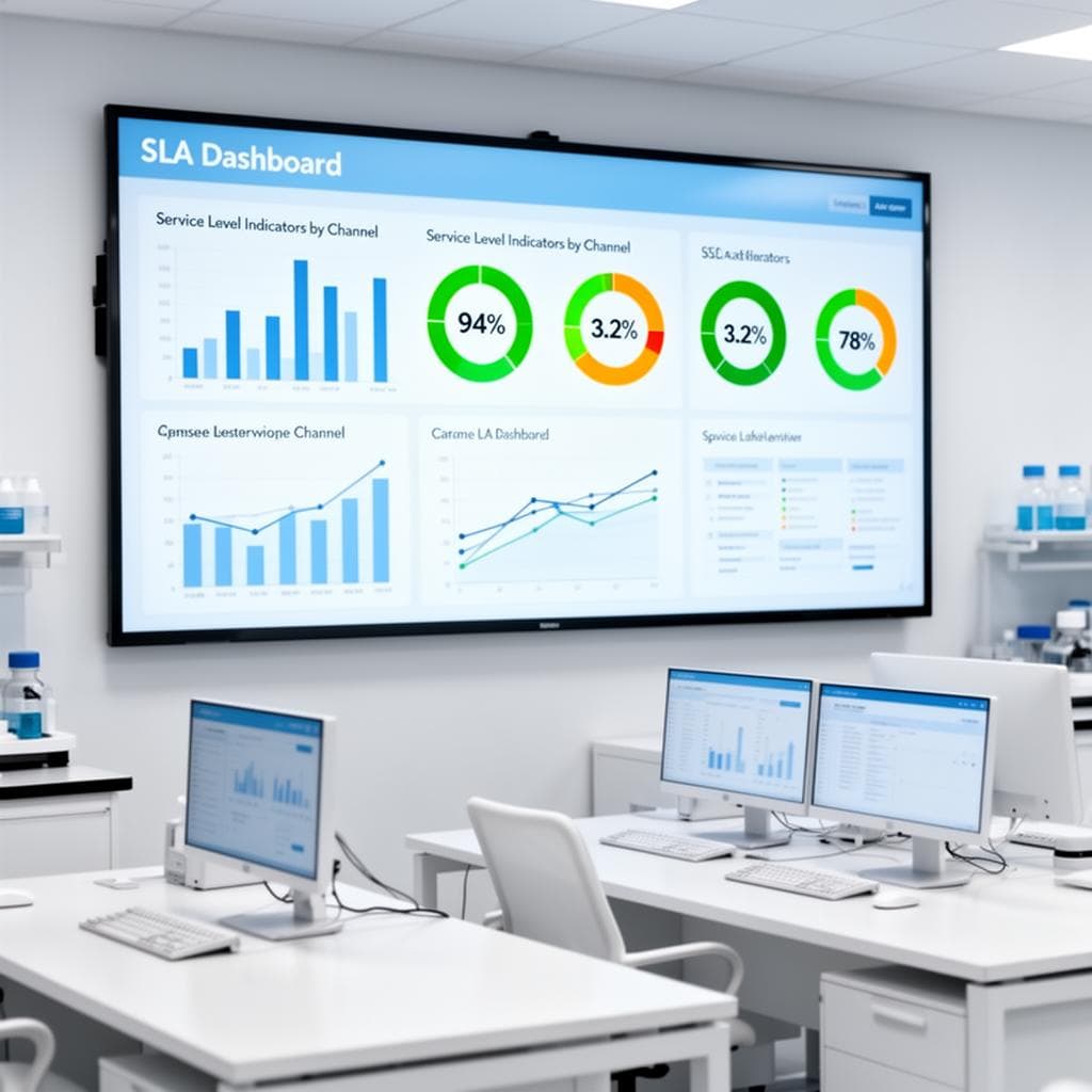 Dashboard de call center de laboratório mostrando indicadores de SLA por canal com tempo de primeira resposta e taxa de abandono em tempo real