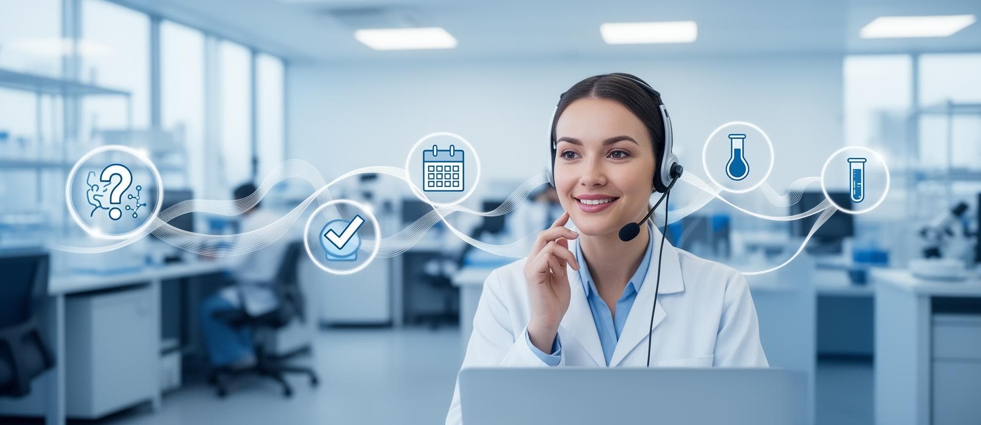 Atendente de call center em laboratório conduzindo a jornada do paciente com clareza e previsibilidade