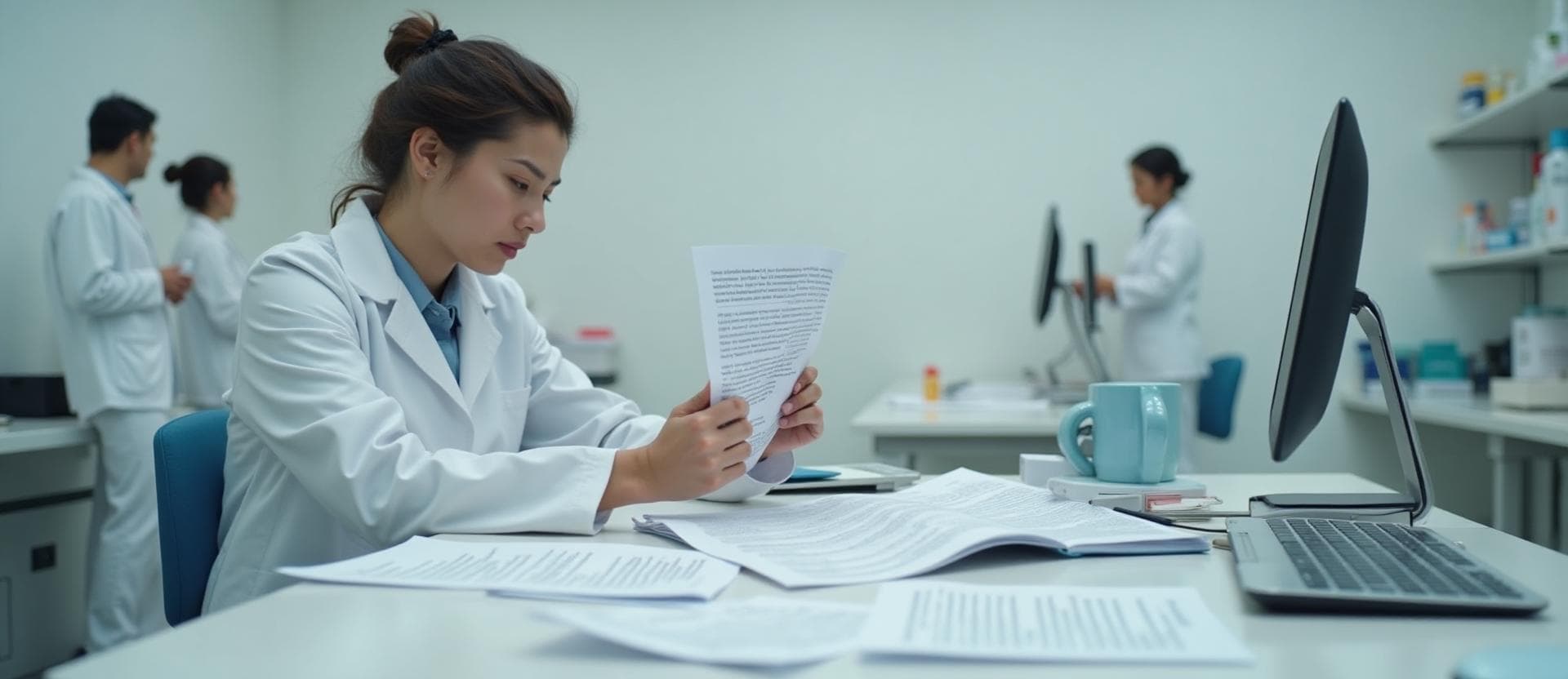 Profissional de laboratório revisando documentos repetitivos em ambiente clínico moderno, representando retrabalho no atendimento