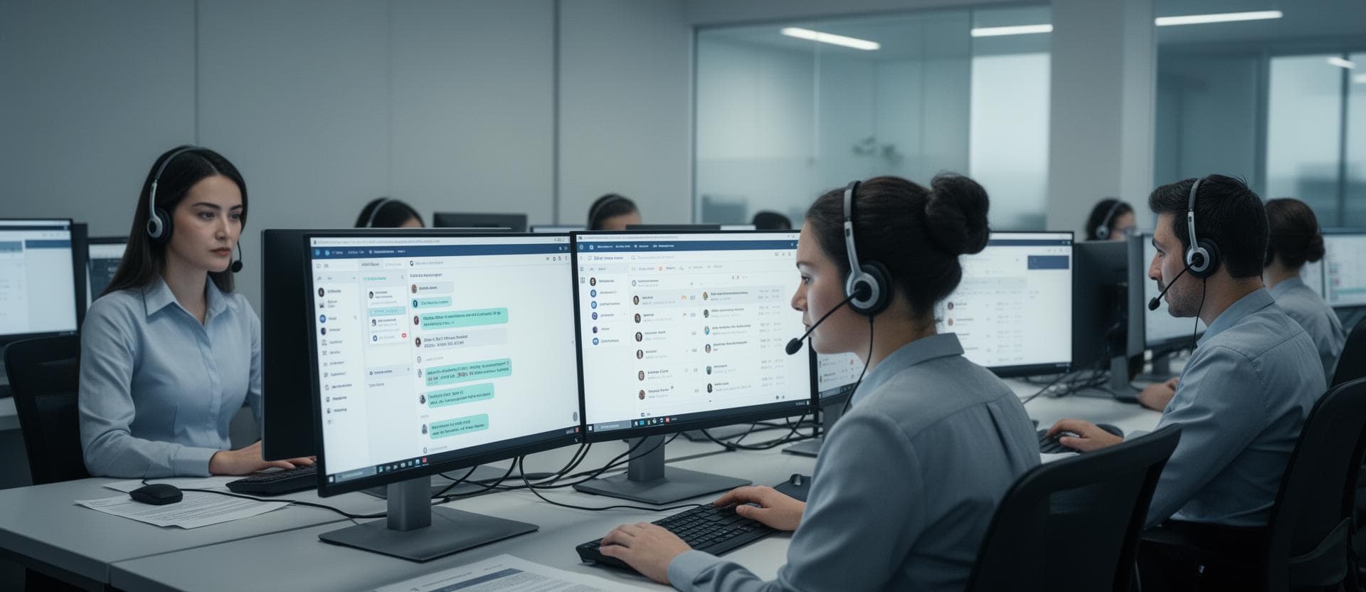 Retrabalho no atendimento do call center em laboratório, com equipe lidando com retornos repetidos de clientes