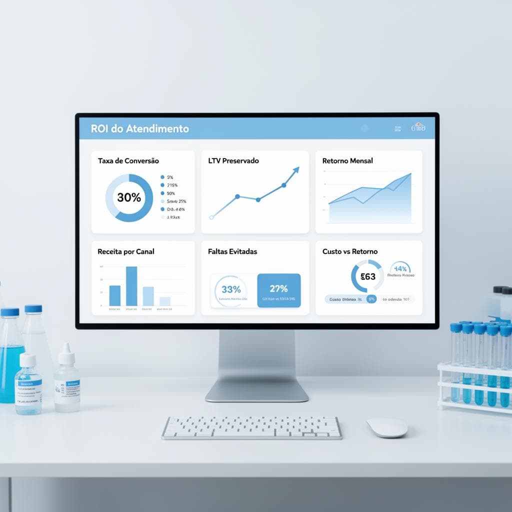 Dashboard de laboratório mostrando cálculo de ROI do atendimento com componentes de conversão de orçamentos, LTV preservado e redução de faltas