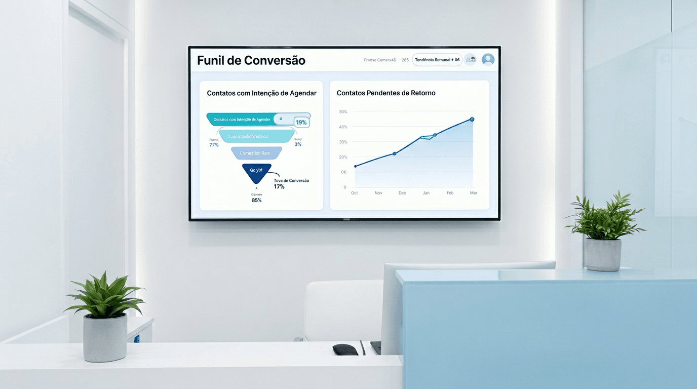 Dashboard de recepção de clínica médica mostrando funil de conversão de agendamentos com volume de contatos por canal e taxa de conversão semanal