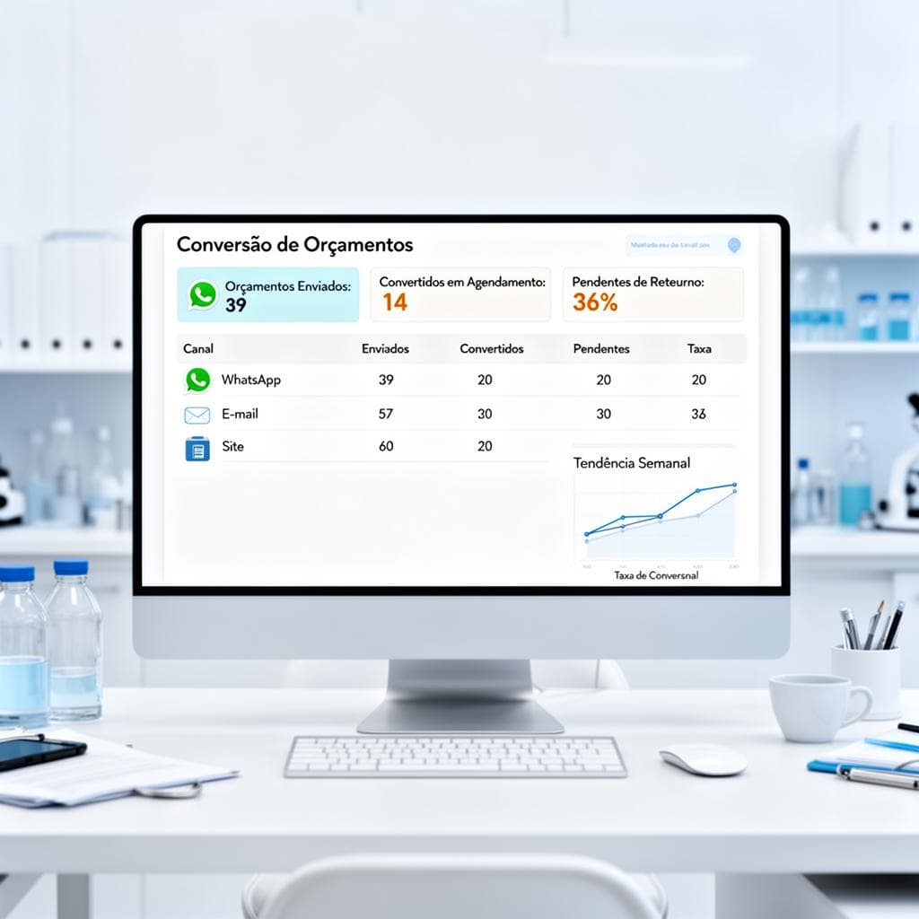Dashboard de atendimento mostrando funil de conversão de orçamentos com volume enviado, taxa de retorno, follow-up pendente e conversão em agendamento por canal
