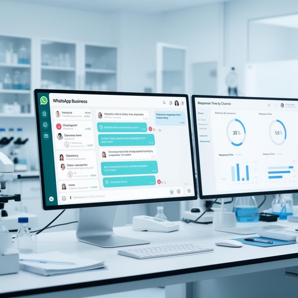 Tela de atendimento por WhatsApp em laboratório mostrando múltiplas conversas simultâneas com indicadores de tempo de resposta