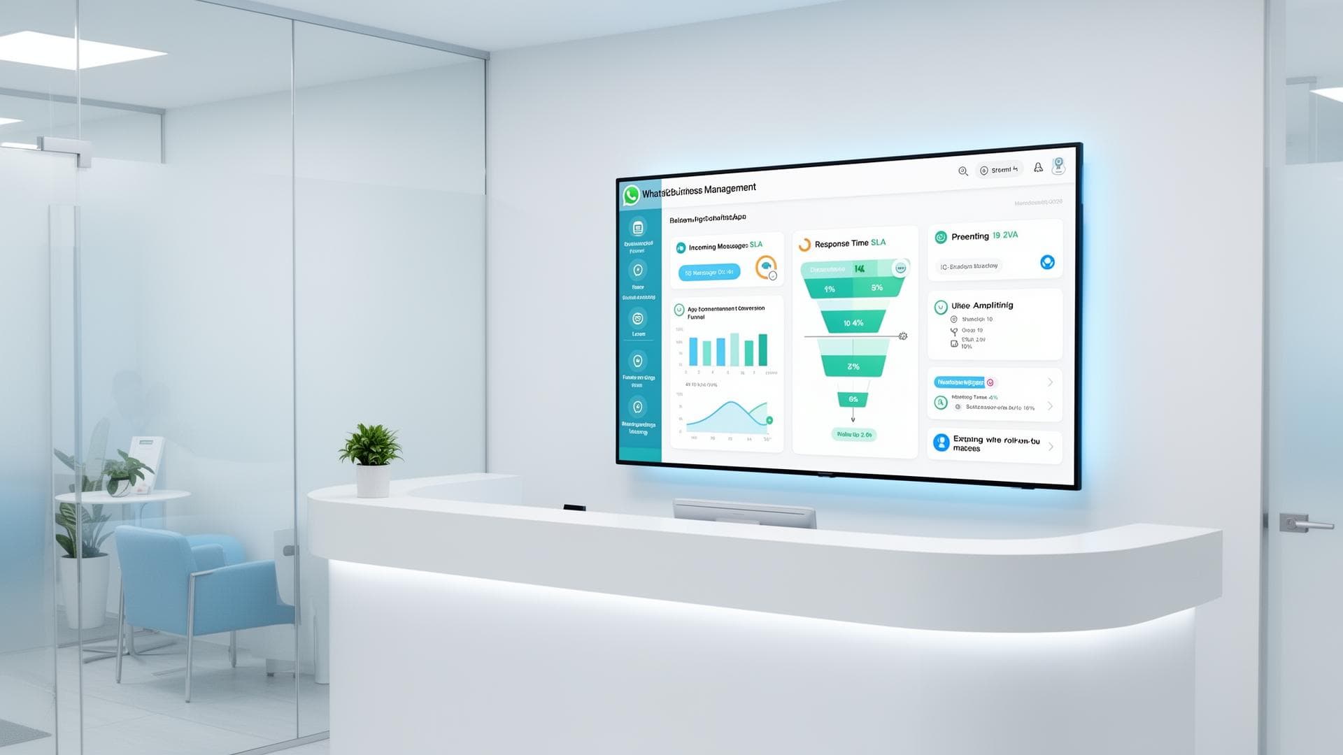 Recepção de clínica médica com dashboard de WhatsApp mostrando volume de mensagens por canal, tempo de resposta e taxa de conversão de agendamentos