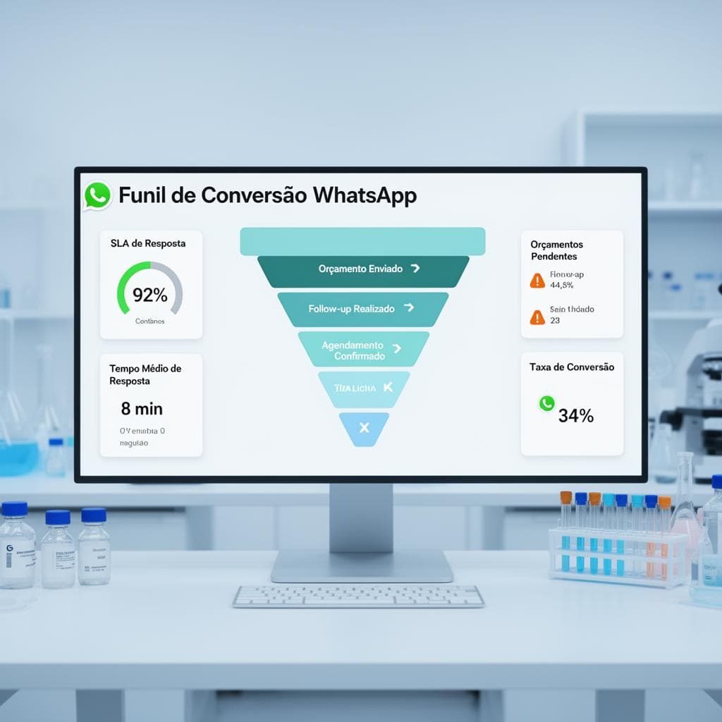 Dashboard de laboratório mostrando taxa de conversão do WhatsApp com funil de orçamentos enviados, respondidos e convertidos em agendamentos