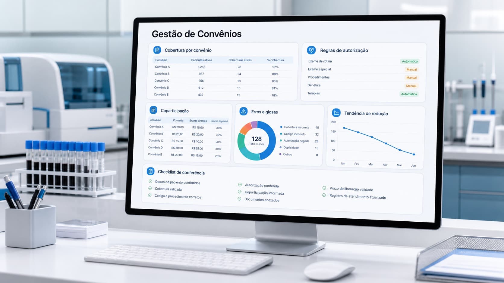 Atendimento para convênios no laboratório: processo e redução de erros Atendente de laboratório consultando base de informações de convênio em dashboard com cobertura por exame, regras de autorização e tabela de coparticipação atualizada