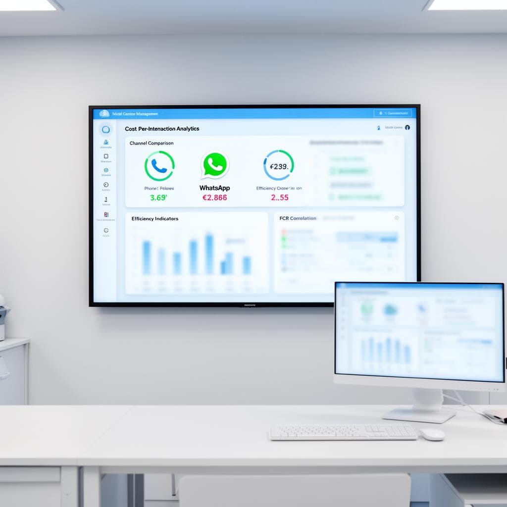 Custo por atendimento no call center Dashboard de call center de laboratório mostrando custo por atendimento segmentado por canal com comparativo entre telefone e WhatsApp e indicadores de eficiência operacional