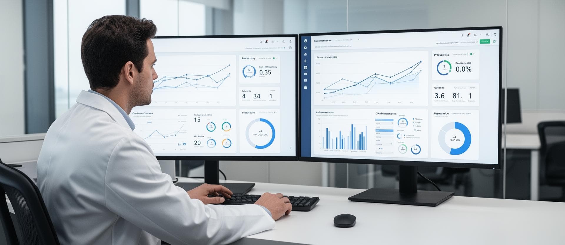 Dashboard de métricas de produtividade no call center Pessoa de jaleco analisando métricas de produtividade em dashboard de call center